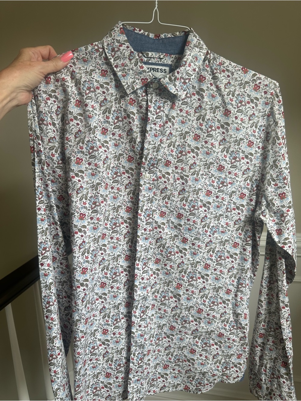 Express Men's White Floral Button-Down Shirt with Red and Gray Accents
